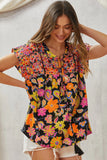 Multicolored Print Babydoll Top with Floral Embroidery