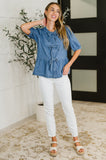 PREORDER: Balloon Sleeve Chambray Bow Blouse
