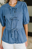 PREORDER: Balloon Sleeve Chambray Bow Blouse