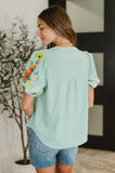 PREORDER: Embroidered Puff Sleeve V-Neck Blouse in Aqua