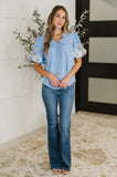 PREORDER: Embroidered Puff Sleeve V-Neck Blouse in Light Blue