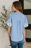 PREORDER: Embroidered Puff Sleeve V-Neck Blouse in Light Blue