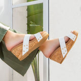 Allyson Cork Wedge Slide – Crisscross Metallic Sandal in 4 Colors