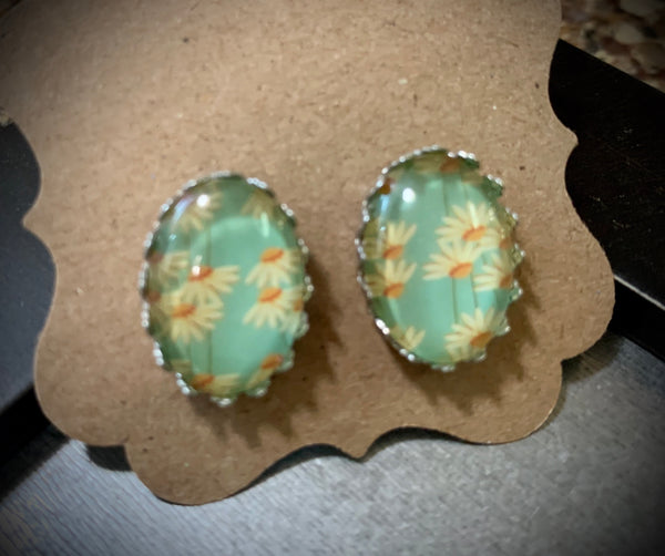 Mint Floral Oval Studs